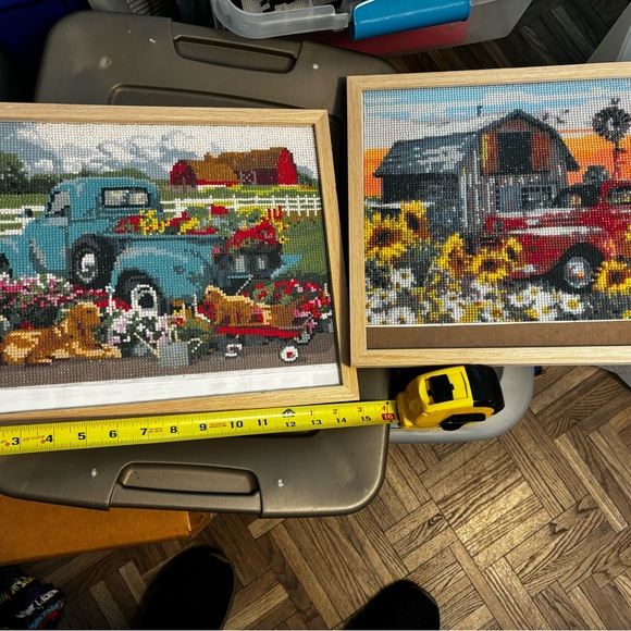 Set of 2 12x14in. Diamonds Art painting in wooden frames. Red and blue pickups. - Picture 1 of 3